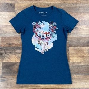Ariat Shirt Womens Small Blue Floral Skull Western Short Sleeve T Shirt